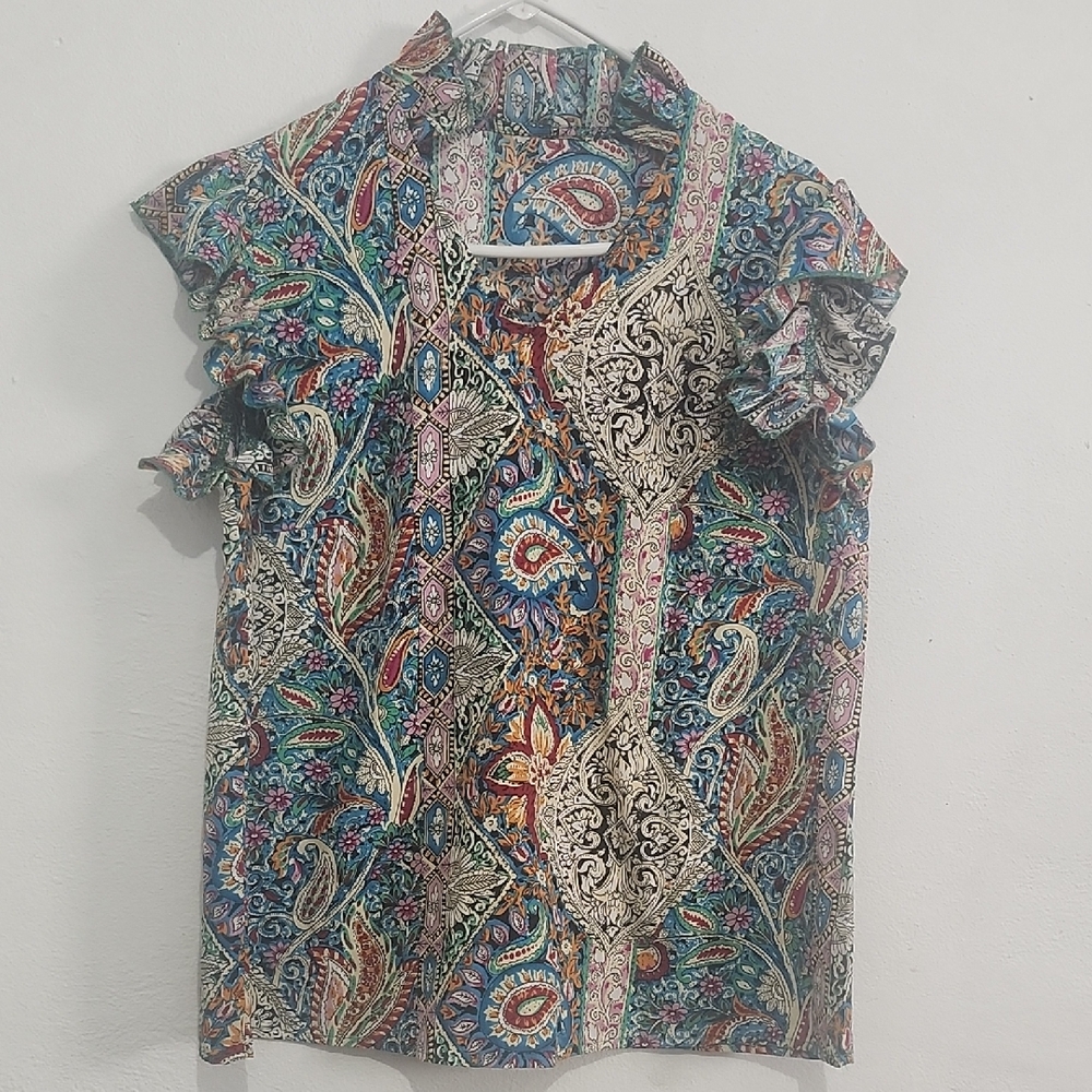 SHEIN Colorful Paisley Ruffle Sleeve Blouse
